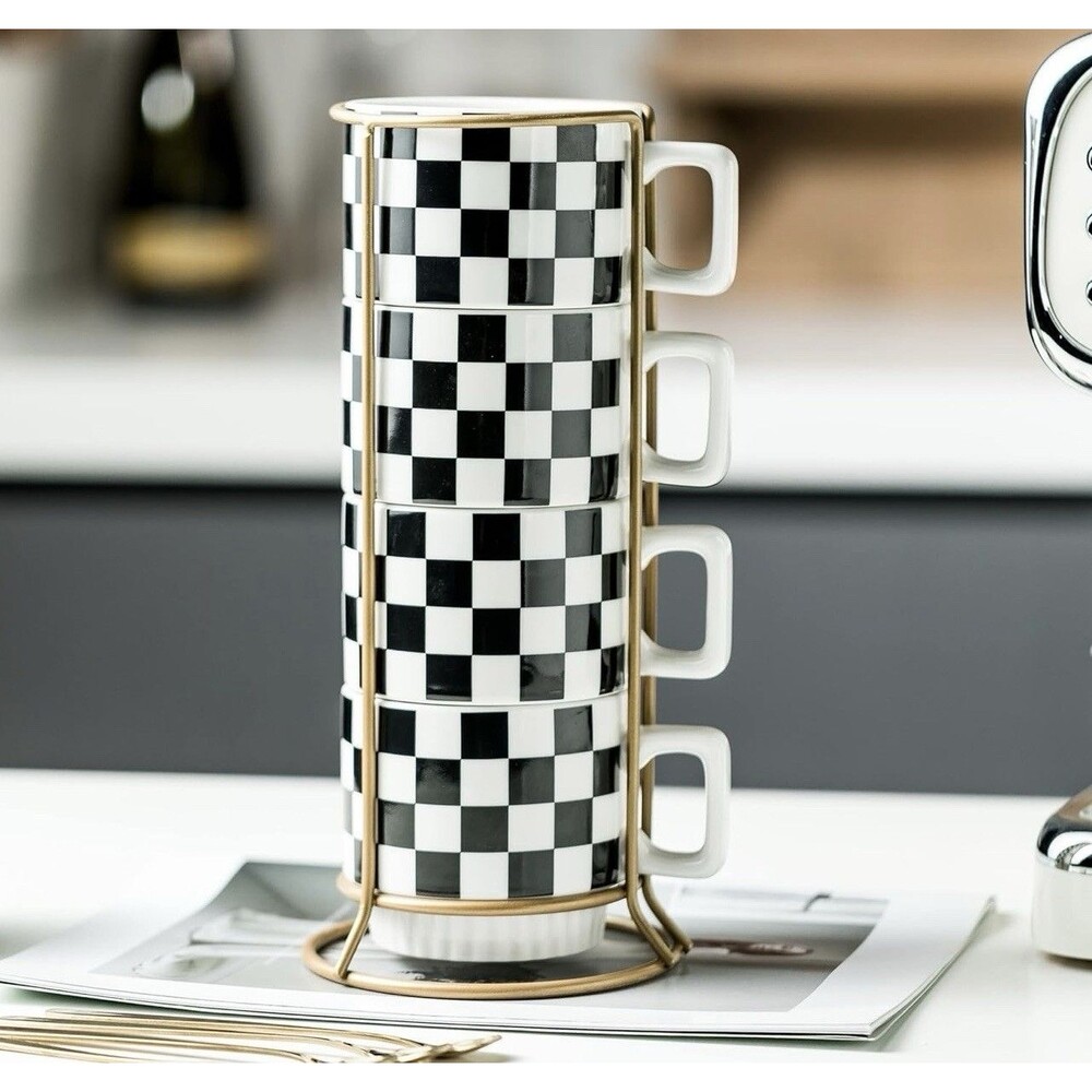 Black & White Checkerboard Stackable Coffee Mug Set of 4 w/ Gold Rack 11 oz